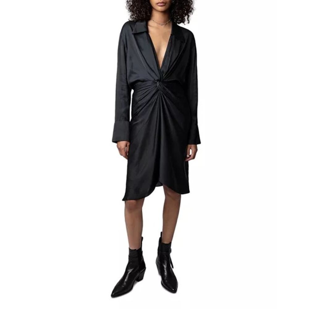 NWT Zadig & Voltaire Rozo Satin Twist Front Dress Small Black Goth Preppy Classy
